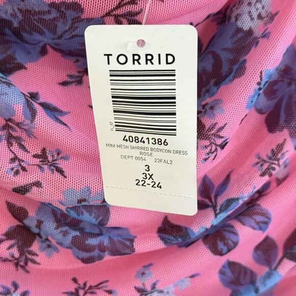 Torrid Mini Shirred Bodycon Dress Size 3X Floral Ruched Pink Mesh Fairy Cottage - Picture 11 of 16